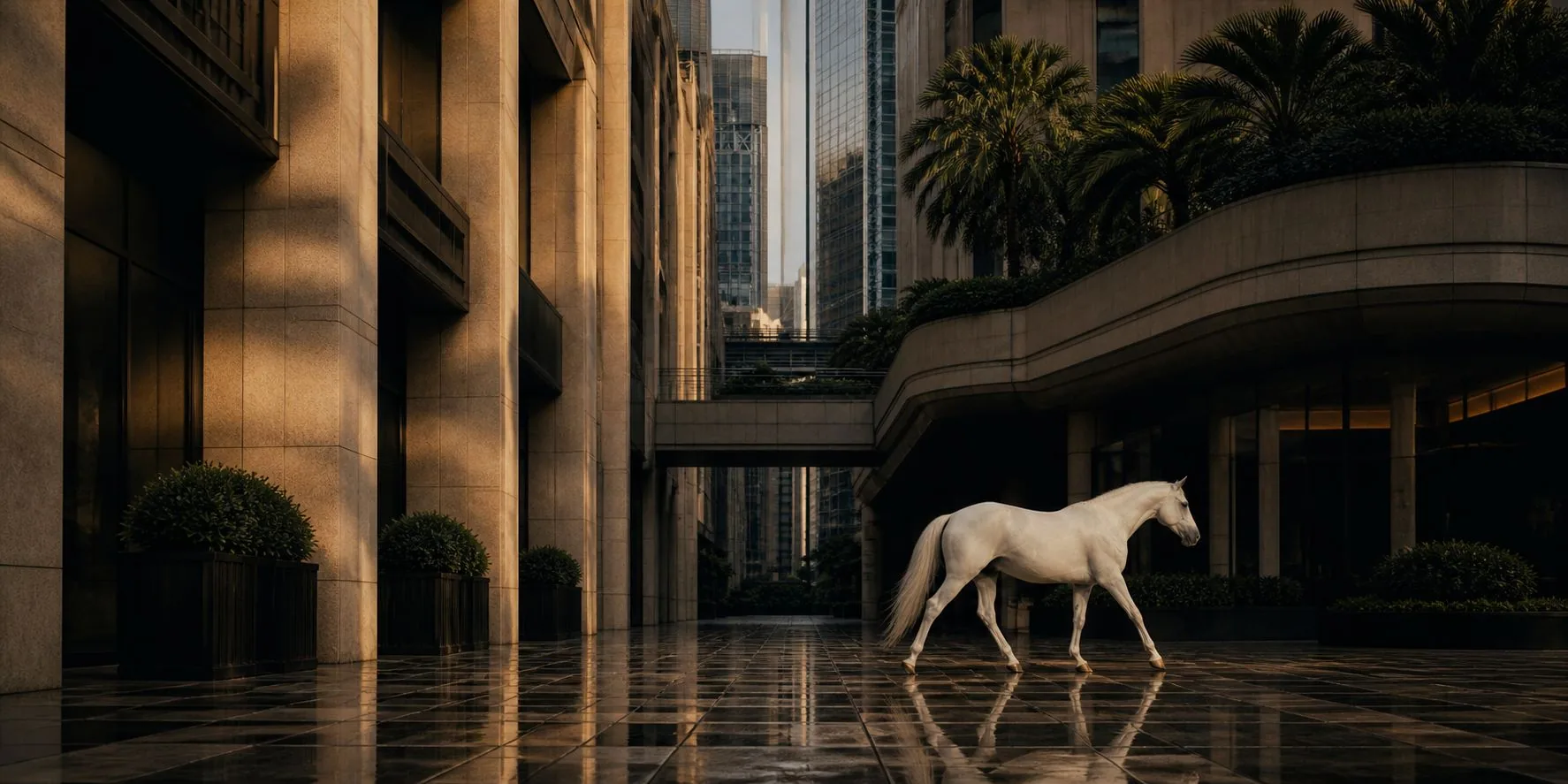 A pale horse crossing an empty courtyard between towers